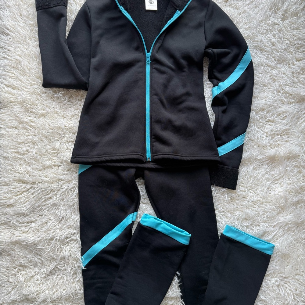 Ice Skating Black Active Zip-Up Jacket & Leggings Set with Turquoise Trim - Picture 3 of 3